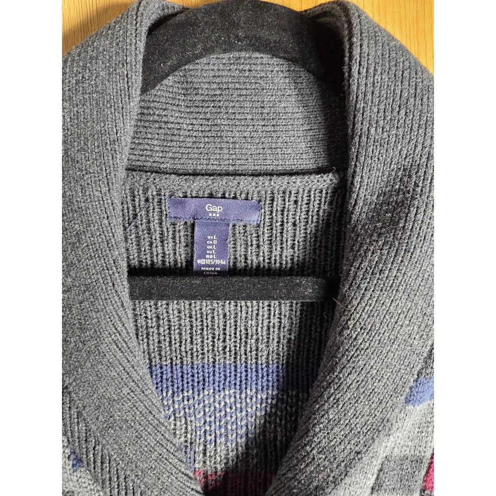 Gap Mens Cardigan Sweater Large Shawl Neck Geometric Gray Blue Red Button Front